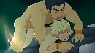 Anime blonde young man having fun at reject b do away with older man
